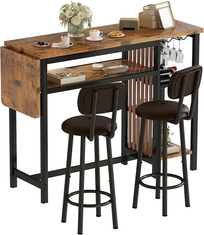 Recaceik 59" Bar Dining Table Set for 2, Bar Table and Chairs Set, Expandable Counter Height Dining Table Set, Small Kitchen Bar Table with Wine Racks & Storage, Breakfast Nook Set for Small Space