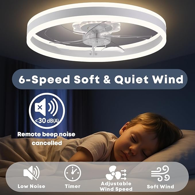 Fszdorj 23.6'' Ceiling Fan with Light, Upgraded Low Profile Fan, Flush Mount Ceiling Fan, 6 Speeds, Dimmable LED, App & Remote Control, Quiet DC Motor, for Bedroom, Living Room, F105 White