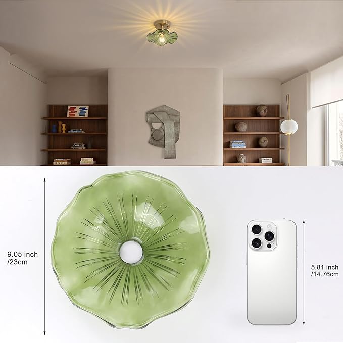 Shenmoyl Semi Flush Mount Light, Gold Hallway Vintage Fixture With Green Water Lily Glass, Bulb Included, 4.72" Base Modern Ceiling Light for Porch Kitchen Bedroom