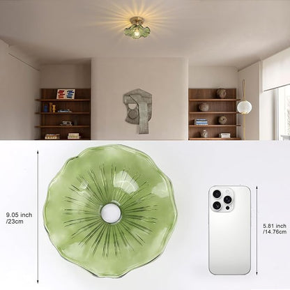 Shenmoyl Semi Flush Mount Light, Gold Hallway Vintage Fixture With Green Water Lily Glass, Bulb Included, 4.72" Base Modern Ceiling Light for Porch Kitchen Bedroom