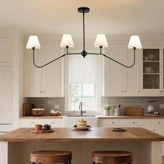 MAYNA 47" Modern Linear Chandeliers for Dining Room, 4-Light Black Kitchen Island Pendant Lighting with White Fabric Shades, Adjustable Height Dining Room Light Fixture, E12 Base