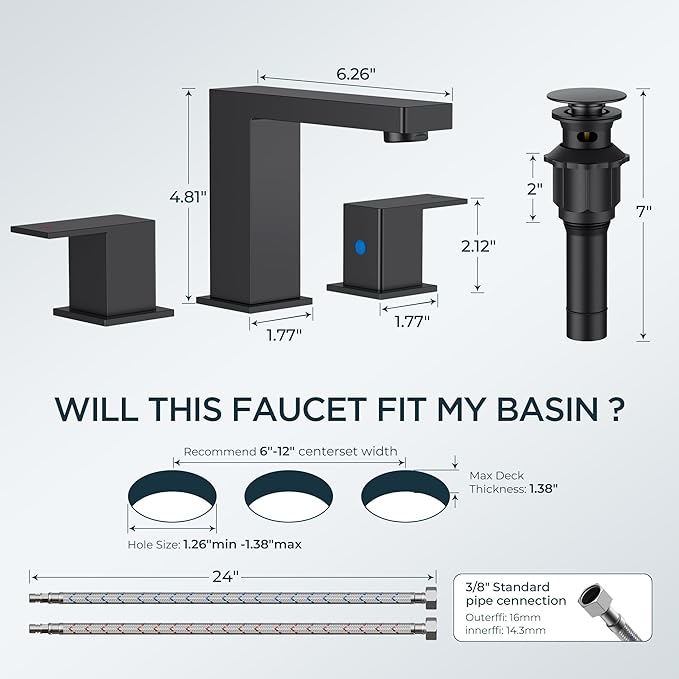 FORIOUS Matte Black Bathroom Faucet 3 Hole, 8 Inch Widespread Square Bathroom Sink Faucet with Metal Pop-Up Drain and cUPC Supply Lines Included for Restroom, Lavatory, Basin, Restroom and Mall