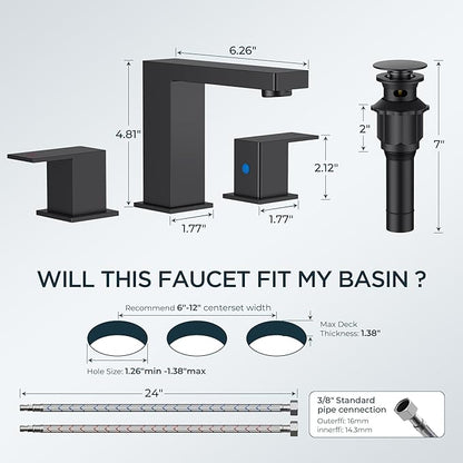 FORIOUS Matte Black Bathroom Faucet 3 Hole, 8 Inch Widespread Square Bathroom Sink Faucet with Metal Pop-Up Drain and cUPC Supply Lines Included for Restroom, Lavatory, Basin, Restroom and Mall