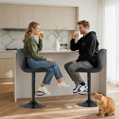 Sweetcrispy Modern Bar Stools Set of 2, Adjustable Faux Leather Upholstered Swivel Bar Stools, Counter Height Bar Chairs with Back for Kitchen Island, Black