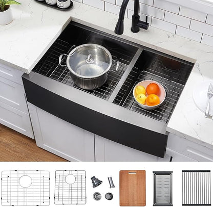 SHACO Double Bowl 60/40 Black Farmhouse Sink, 33x22 Inch Stainless Steel Apron Front Divided Double Basin Farmhouse Kitchen Sink, Gunmetal Black Farm Workstation Sink