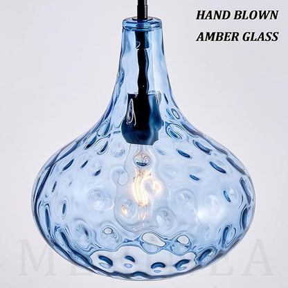 11" Hand-Blown Blue Glass Pendant Light, Hammered Glass Shade with Black Finish, Adjustable Modern Hanging Light Fixture for Kitchen Island, Dining Room, Hallway, Living Room