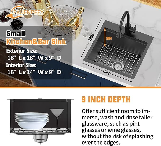 18x18 Inch Black Kitchen Sink Workstation - Stainless Steel Drop In Single Bowl Bar Sink Built-in Ledge Small Topmount Workstation Sink With Accessory-SS Grid Cutting Board,Silicon Mat,Drain Assembly
