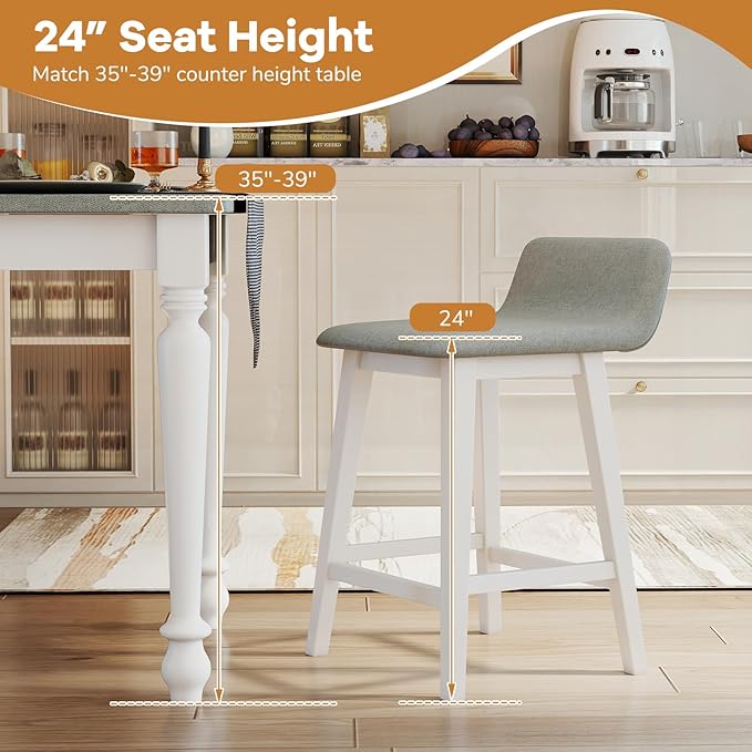 Giantex 24" Bar Stools Set of 2, Upholstered Counter Height Barstools with Low Back, Footrest, Armless Wood Bar Chairs for Kitchen Island, Dining Room, White & Gray