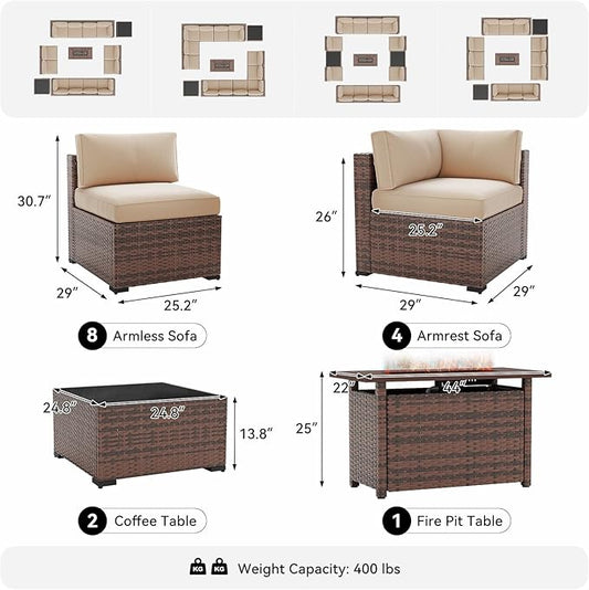 LazySunsets 15-Piece Patio Furniture Set with 44" Fire Pit Table, Wicker Outdoor Furniture, Patio Conversation Sets with Coffee Table, Outdoor Sectional Couch with Waterproof Cover, Beige