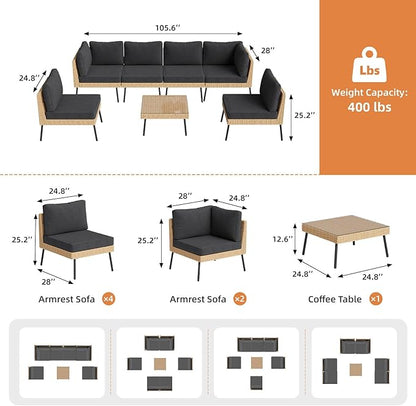 Aoxun 7-Piece Patio Furniture Set, Wicker Outdoor Furniture with Water Resistant Thick Cushions, Patio Conversation Set Outdoor Sectional Sofa with Coffee Table for Backyard Poolside, Black