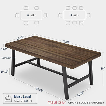 GarveeHome 70.87 Inch Long Kitchen Table for 6-8 People, Industrial Rectangular Dining Table for Dining Room, Heavy Duty Metal Frame, Retro Brown