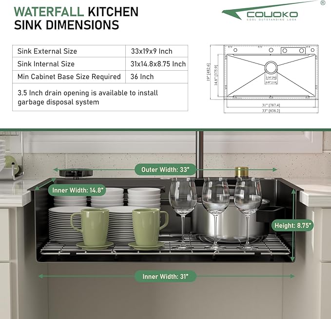 33 Inch Black Waterfall Kitchen Sink Drop In Smart Workstation Kitchen Sink 33X19 Inch 16 Guage Stainless Steel Single Bowl Multifunctional Sinks and Waterfall Faucet Combo Set with Cup Washer