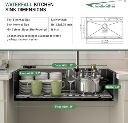 33 Inch Black Waterfall Kitchen Sink Drop In Smart Workstation Kitchen Sink 33X19 Inch 16 Guage Stainless Steel Single Bowl Multifunctional Sinks and Waterfall Faucet Combo Set with Cup Washer