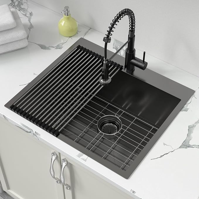 Sarlai Laundry Sink with Faucet Drop In 25"x22"x12" Deep Black Laundry Utility Kitchen Sink Drop-in Topmount Single Bowl Sink 16 Gauge Stainless Steel Gunmetal Black Kitchen Laundry Room Sinks