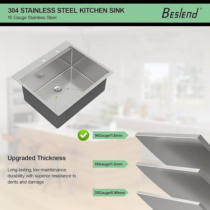 33 Inch Drop In Kitchen Sink Workstation - Beslend 16 Gauge T304 stainless Steel Drop In Sink 33x22 Single Bowl Top Mount Over Counter Handmade Kitchen Basin 33x22x10 Inch