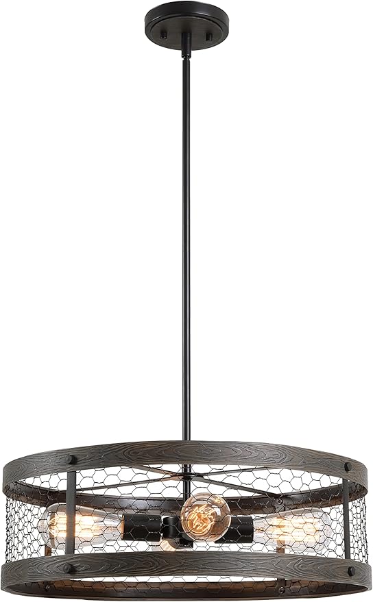 Kenroy Home 94046ORB Cozy 4 Light Pendant with Wood and Oil Rubbed Bronze Finish, Rustic Style, 7" Height, 20.375" Width, 20.375" Depth