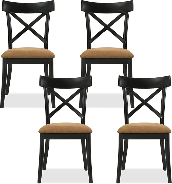 JUSTONE Cross Back Dining Chairs Set of 4, Modern Kitchen Chairs with Hillary Brown Leather Upholstery & Walnut Black Finish, Side Chairs for Dining Room, Kitchen Island, Breakfast Nook