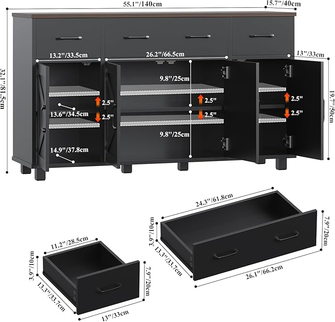 VVFLU 55" Sideboard Buffet Cabinet with Storage, Coffee Bar Cabinet with 3 Drawers and 4 Barn Doors, Long Storage Cabinet Modern Farmhouse, Black Wood, for Kitchen, Dining Room, Living Room