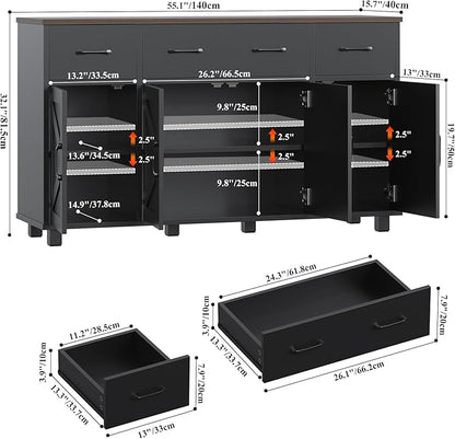 VVFLU 55" Sideboard Buffet Cabinet with Storage, Coffee Bar Cabinet with 3 Drawers and 4 Barn Doors, Long Storage Cabinet Modern Farmhouse, Black Wood, for Kitchen, Dining Room, Living Room