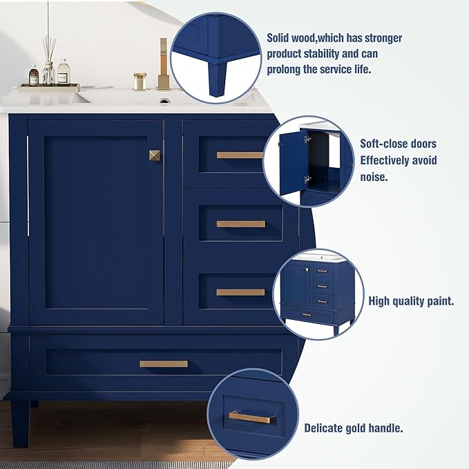 GDFStudio 30" Bathroom Vanity Sink Combo with 3 Drawers & 1 Soft Closing Door Floor Mount Freestanding Wood Bathroom Storage Cabinet Set with Ceramic Basin Sink Top for Small Bathroom Space, Blue