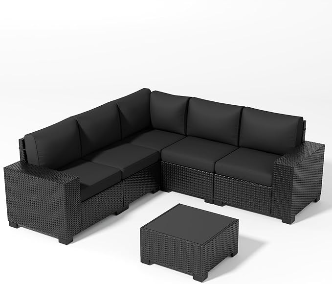 Patio Furniture Set, Wide Armrest Outdoor Furniture Set with Thick Cushions, 6 Piece Wicker Rattan Patio Sectional Sofa for Backyard, Poolside, Garden