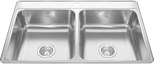 Kindred CDLA3322-6-1N Creemore 33-in LR x 22-in FB x 6-in DP Drop In Double Bowl 1-Hole Stainless Steel Sink