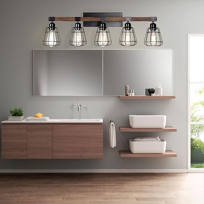 5 Lights Modern Wall Lighting Over Mirror,Bathroom Vanity Light Fixtures,Farmhouse Black Wood Metal Cage Industrial Wall Sconce