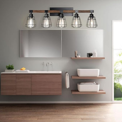 5 Lights Modern Wall Lighting Over Mirror,Bathroom Vanity Light Fixtures,Farmhouse Black Wood Metal Cage Industrial Wall Sconce