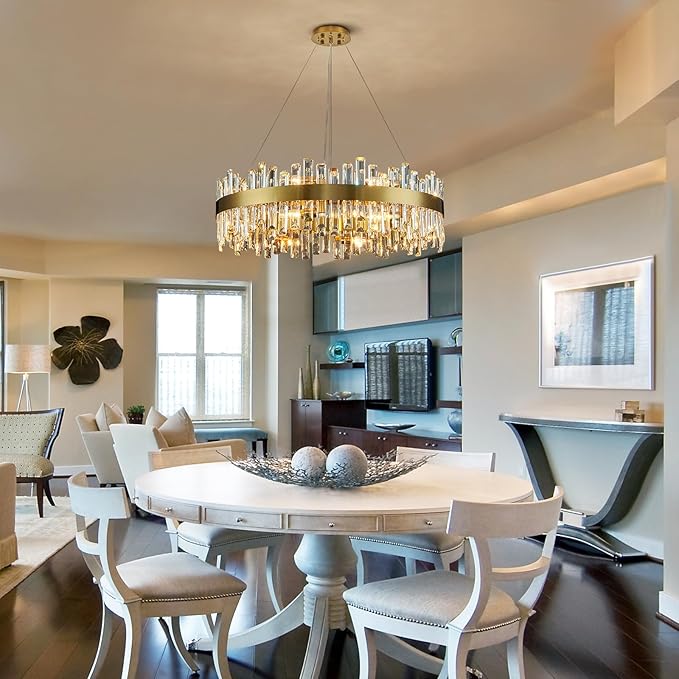 Siljoy 16-Light Modern Crystal Chandelier, 31.5'' Luxury Dimmable Brass Gold K9 Crystal Raindrop Chandelier Adjustable Hanging Crystal Ceiling Light for Dining Living Room Kitchen Island Entry Foyer