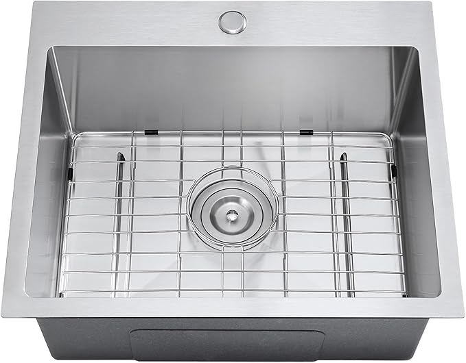 23 x 18 inch Single Faucet Hole Kitchen Sink Drop in, 18 Gauge Stainless Steel Handmade Single Bowl Topmount Kitchen Sink with Grid, Brushed