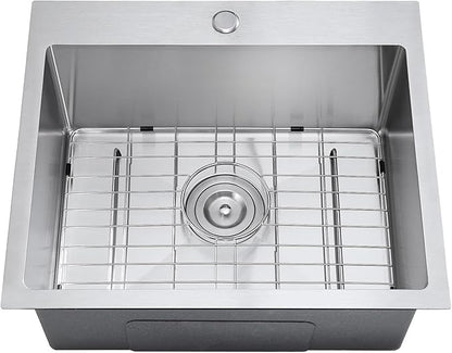 23 x 18 inch Single Faucet Hole Kitchen Sink Drop in, 18 Gauge Stainless Steel Handmade Single Bowl Topmount Kitchen Sink with Grid, Brushed