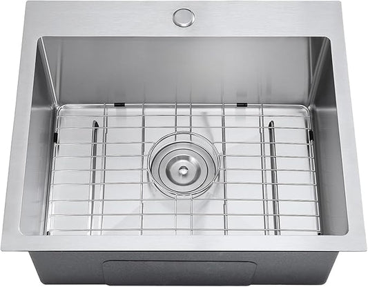 23 x 18 inch Single Faucet Hole Kitchen Sink Drop in, 18 Gauge Stainless Steel Handmade Single Bowl Topmount Kitchen Sink with Grid, Brushed