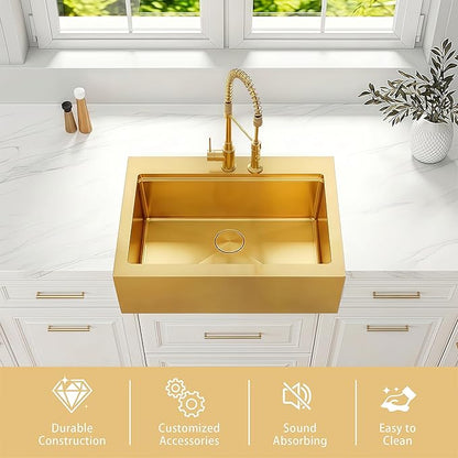 33 Inch Farmhouse Gold Sink, 16 Gauge 304 Stainless Steel Farm Sinks, Drop In Topmount Single Bowl Workstation Sink with all Accessories, 33" x 22" x 10" Large and Deep Kitchen Sink