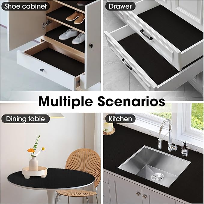Drawer and Shelf Liner, Non-Slip Kitchen Cabinet Liners Non-Adhesive Thick Strong Grip Waterproof Washable Mats Protect Dresser Shelves Cupboard Bathroom Cabinets, Black, 18 in X 20 FT