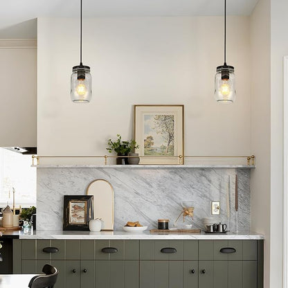 Glass Pendant Lights Kitchen Island, 1-Light Black Pendant Light Fixtures with Mason Jar Clear Glass Shade, Farmhouse Hanging Light for Kitchen Sink Dining Room Bedroom Hallway