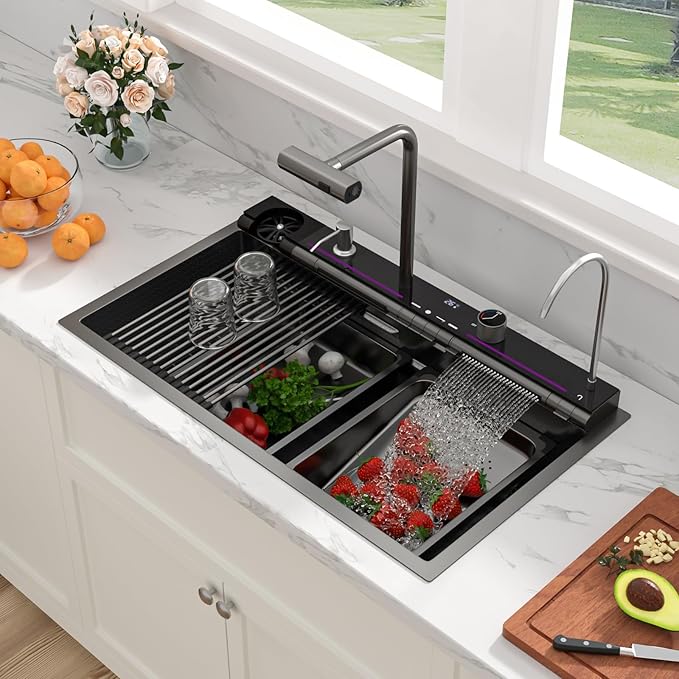 Sarlai Waterfall Kitchen Sink - 30 Inch Black Drop In Workstation Sink With Waterfall 33x19 Inch Black Stainless Steel 16 Gauge Multifunction Single Bowl Top Mount Kitchen Sinks with HoneyComb Finish