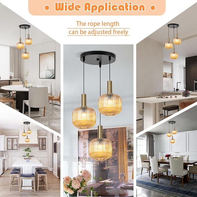 3-Light Cluster Pendant Lights Glass Globe Chandelier Amber Adjustable Hanging Ceiling Lighting Mid Century Modern Gold Pendant Lamps for Bedroom Dining Room Living Room