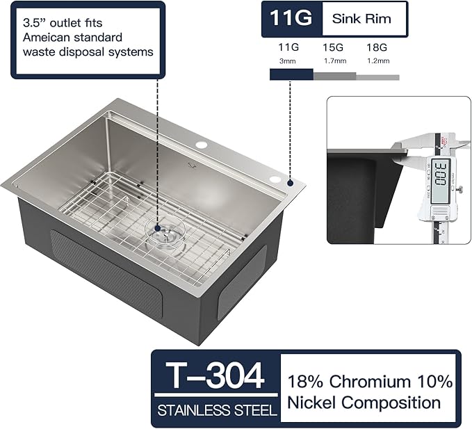 27 Inch Workstation Kitchen Sink 16 Gauge Stainless Steel Drop-In Topmount Single Bowl Kitchen Sink (27"X22"X10")