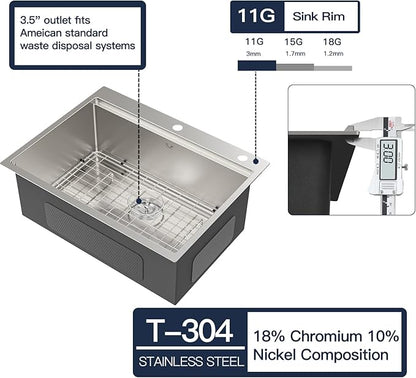 27 Inch Workstation Kitchen Sink 16 Gauge Stainless Steel Drop-In Topmount Single Bowl Kitchen Sink (27"X22"X10")
