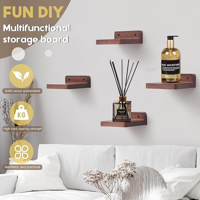 Small Floating Shelf, 4x4 Inch Display Ledges for Wall,Mini Shelves,Rustic Wood Shelf for Bedroom Living Room Bathroom Kitchen (8, Light Walnut)