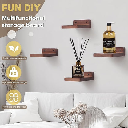 Small Floating Shelf, 4x4 Inch Display Ledges for Wall,Mini Shelves,Rustic Wood Shelf for Bedroom Living Room Bathroom Kitchen (8, Light Walnut)