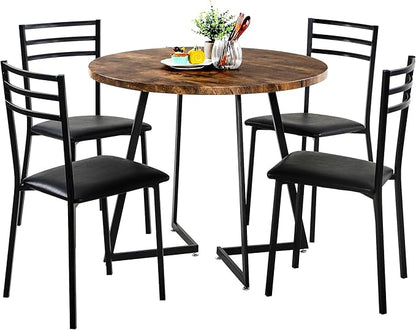 VECELO Round Dining Table Set for 4, Wood Tabletop & Heavy-Duty Steel Frame, 6-Piece Dinette with Chairs for Kitchen, Breakfast Nook, Antique Brown & Black