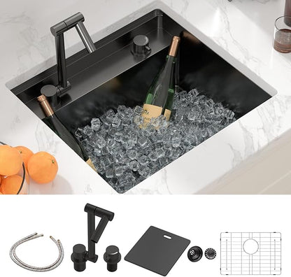 Sarlai Black Undermount Bar Sink With Foldable Faucet - 21x19 Inch Outdoor Black Kitchen Sink RV Workstation 16 Gauge Stainless Steel Single Bowl Handmade Outdoor BBQ Sinks with Lid