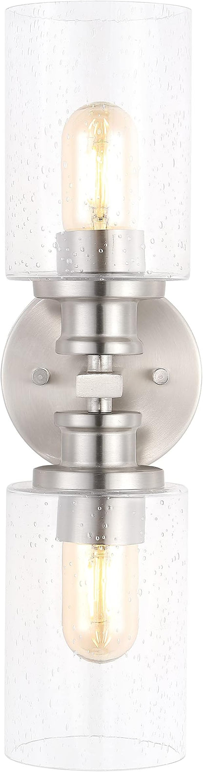 JONATHAN Y 16.5" Nickel 2-Light LED Wall Sconce, Modern Farmhouse Vanity Light with Seeded Glass Shade, Industrial Iron Fixture for Bathroom Mirror, LED Bulbs Included (JYL7577C)