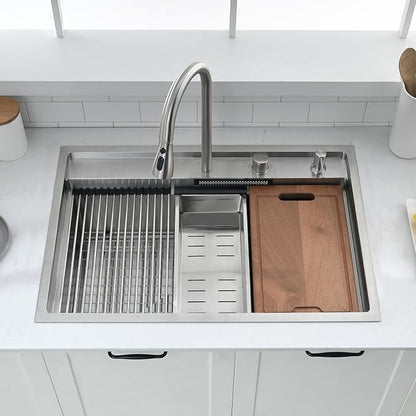 30 inch Drop in Kitchen Sink Waterfall Workstation with Faucet Combo-VOKIM 30x22 Drop-in sink 16 Gauge Stainless Steel Single Bowl Kitchen Sink with Cutting Board