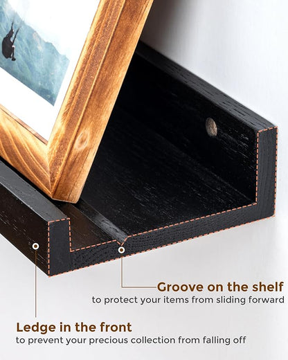 Axeman Oak Picture Ledge Shelf, 48 Inch Floating Shelves Set of 2, Solid Oak Wood Wall Shelves with Lip, Wall Decor Storage for Bedroom Living Room Bathroom Kitchen Nursery Photo Picture, Black