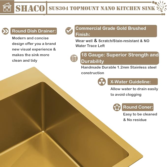 SHACO Gold 15 x 20 Inch Drop In Bar Sink, 16 Gauge Stainless Steel Topmount Small Kitchen Single Basin Sink for Wet Prep RV Laundry with Dish Grid & Drain, 15x20 Top Mount