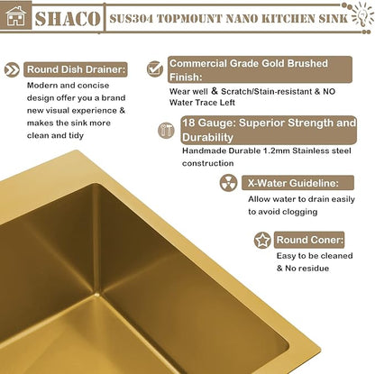 SHACO Gold 15 x 20 Inch Drop In Bar Sink, 16 Gauge Stainless Steel Topmount Small Kitchen Single Basin Sink for Wet Prep RV Laundry with Dish Grid & Drain, 15x20 Top Mount