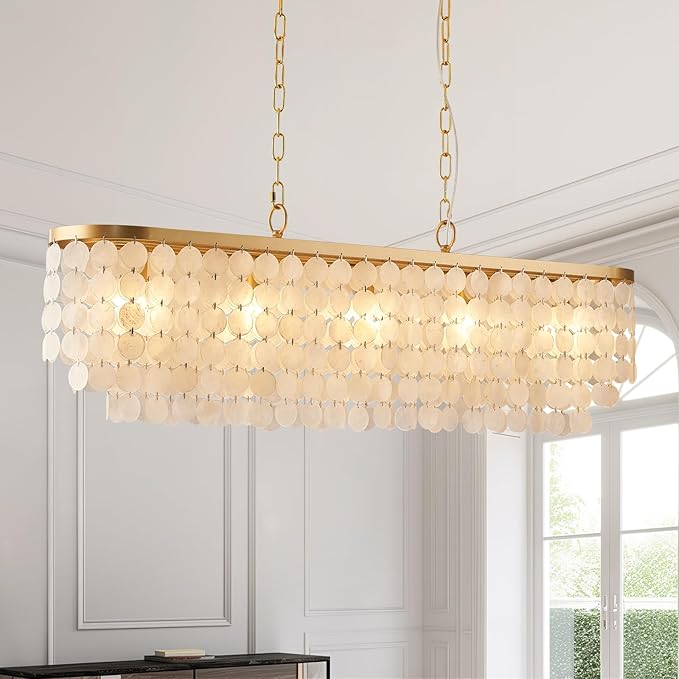 5 Light Capiz Shell Chandelier Rectangular Coastal Chandeliers for Dining Room,Gold Light Fixtures Over Table Kitchen Island Lighting Fixtures Ceiling Hanging Mount(42" Large Pendant Lights)