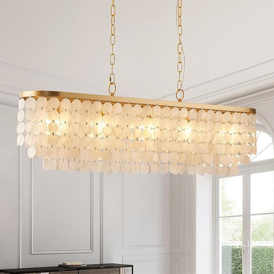 5 Light Capiz Shell Chandelier Rectangular Coastal Chandeliers for Dining Room,Gold Light Fixtures Over Table Kitchen Island Lighting Fixtures Ceiling Hanging Mount(42" Large Pendant Lights)